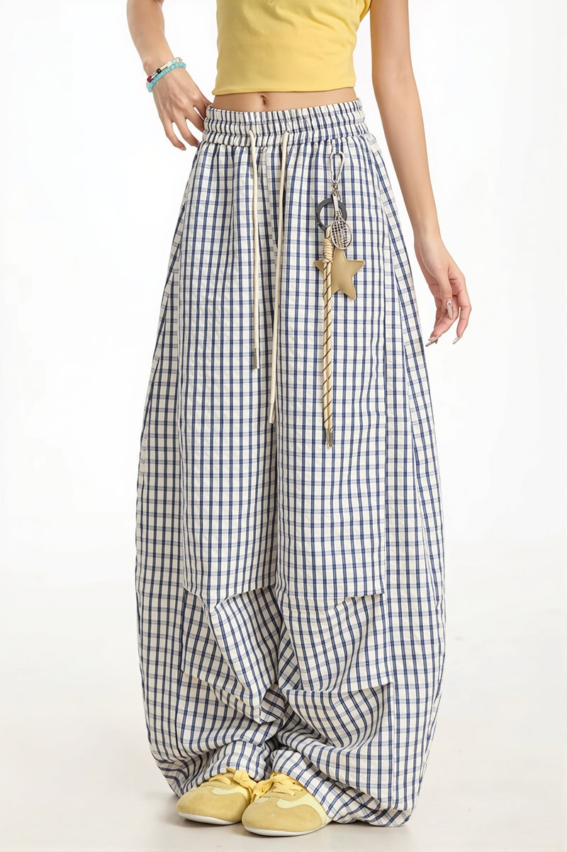 Blue Plaid Curved Pants