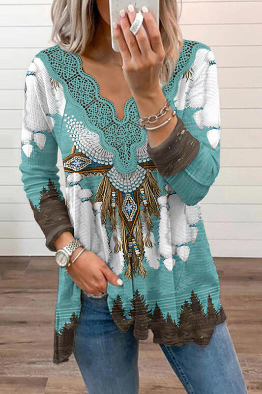 Mexican Past Hippie Print Lace Trim Stretch T-shirt