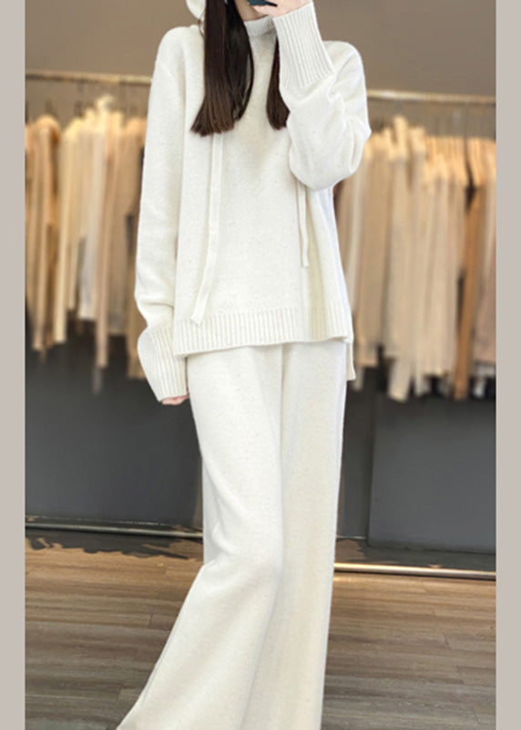 Stylish Purple Drawstring Hooded Cotton Knit Sweaters and Wide Leg Pants Two Piece Set Winter Wv015