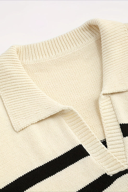 Striped Wool Collar V-neck Sweater