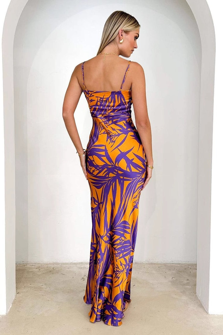 Purple Print V-neck Slim Maxi Dress