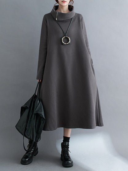 A-line Long Sleeves Asymmetric Color Zipper High Neck Midi Dresses