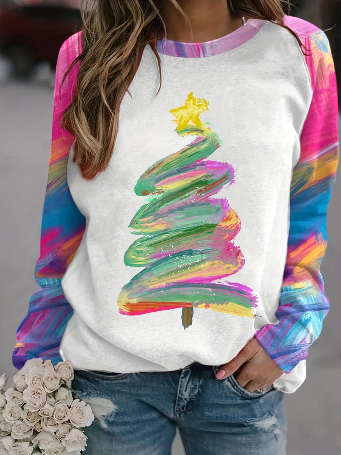 Christmas Tree Print Pullover Sweatshirt Rk6301