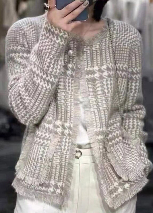 French Light Camel O-neck Tassel Woolen Cardigan Fall Ry010