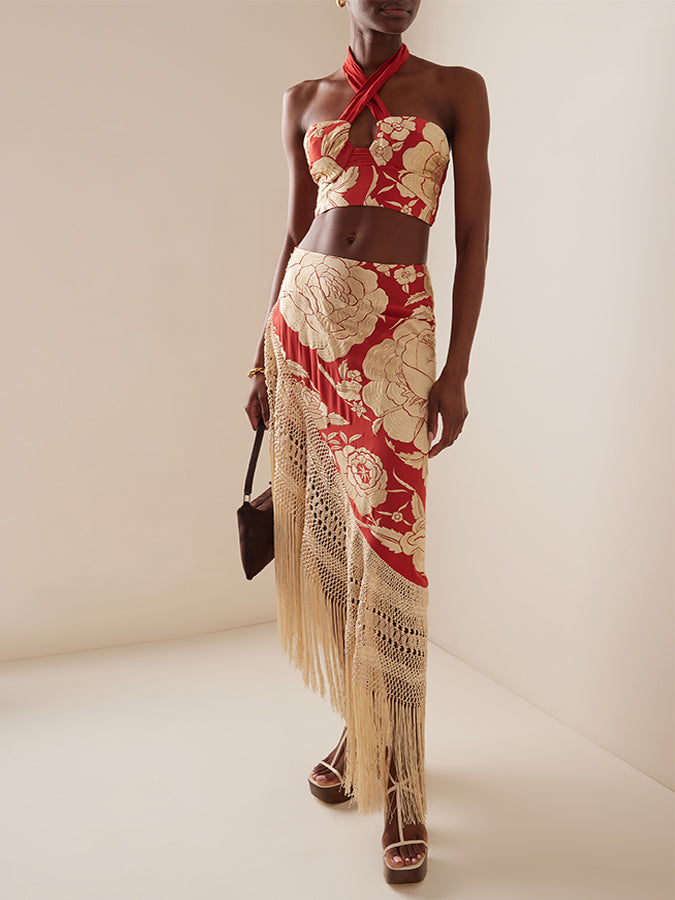 Print Bikini and Fringed Skirt