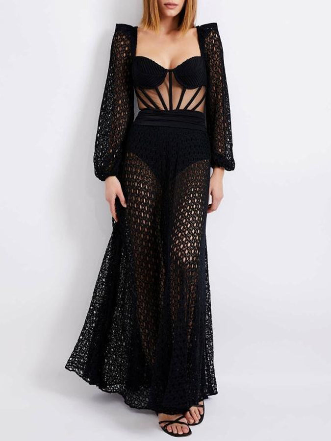 Natural Cutout Stretch-jersey and Crochet-knit Maxi Dress