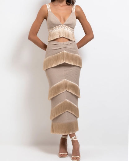 V-neck Fringe Beach Fringed Color Bikini Swimsuit and Skirt