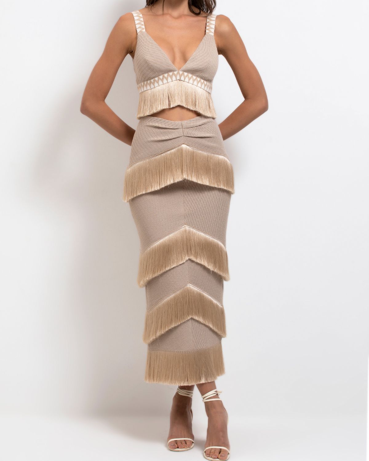 V-neck Fringe Beach Fringed Color Bikini Swimsuit and Skirt