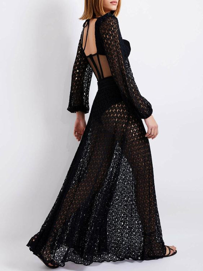 Natural Cutout Stretch-jersey and Crochet-knit Maxi Dress
