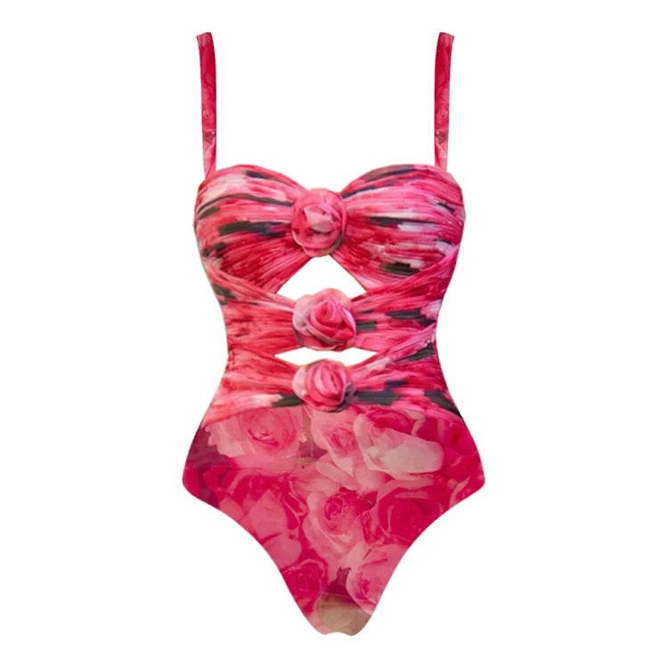 Flowers Printed One Piece Swimsuit and Skirt