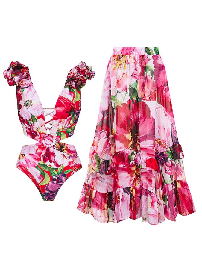 Ruffle Cut Out Flower Printed One Piece Swimsuit and Skirt
