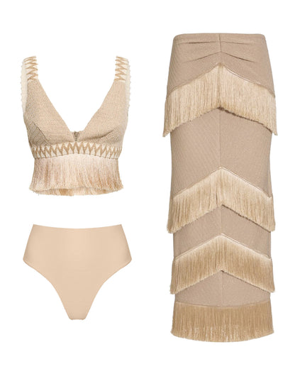 V-neck Fringe Beach Fringed Color Bikini Swimsuit and Skirt