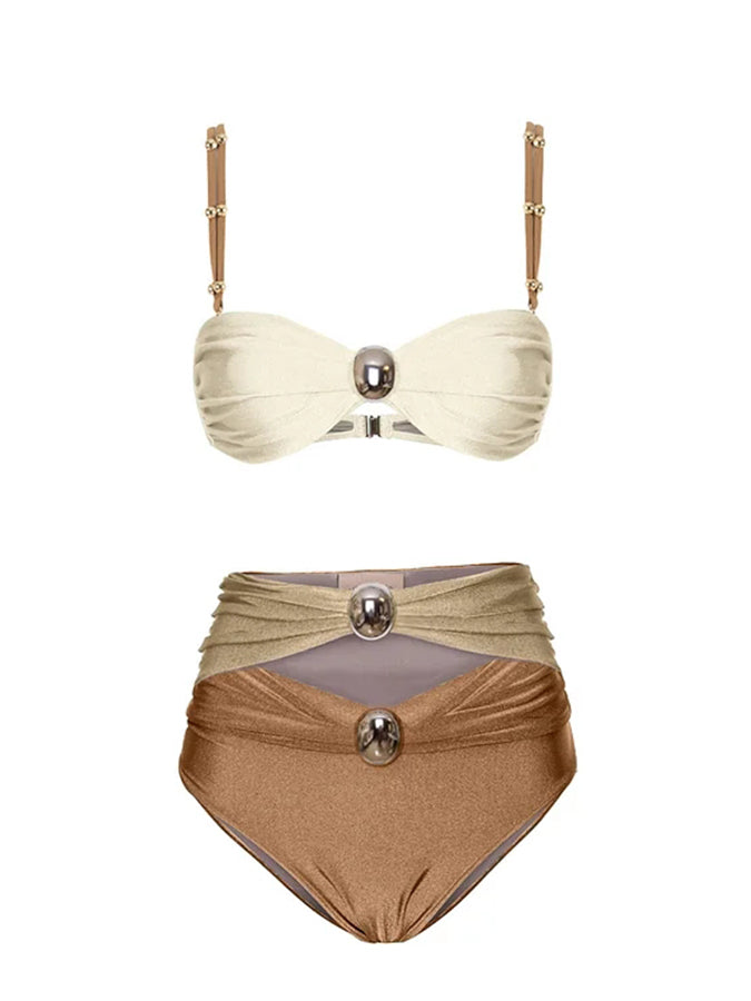 Sling Color Block Cutout High Waist Bikini Swimsuit and Skirt