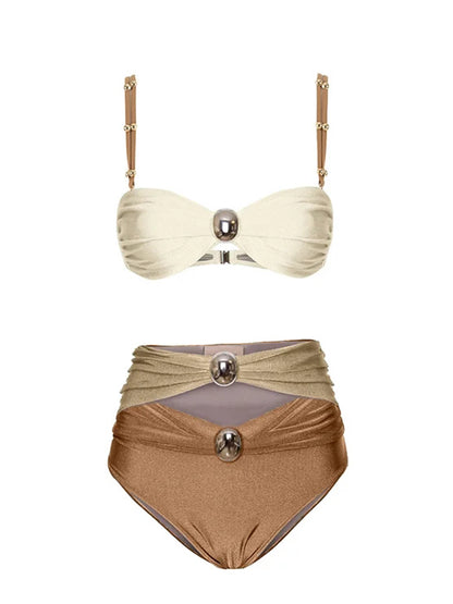 Sling Color Block Cutout High Waist Bikini Swimsuit and Skirt