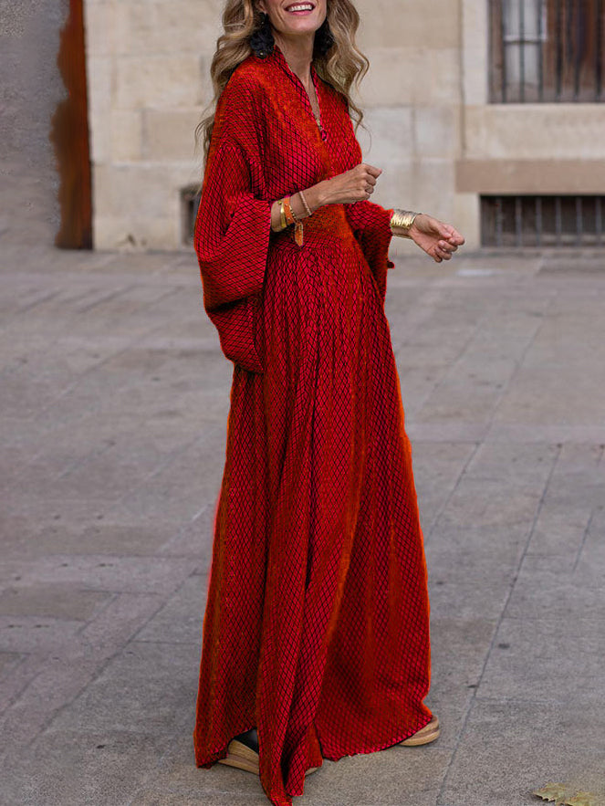 V Neck Long Sleeves Plaid Printed Maxi Dress