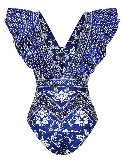 Asymmetrical Ruffle Printed One Piece Swimsuit and Skirt