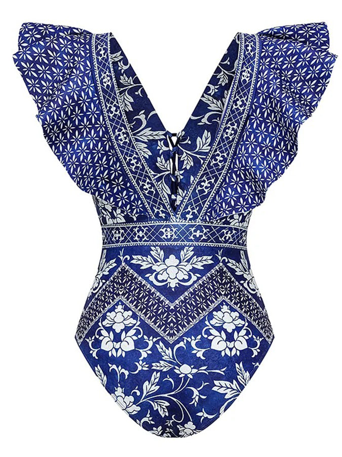 Asymmetrical Ruffle Printed One Piece Swimsuit and Skirt