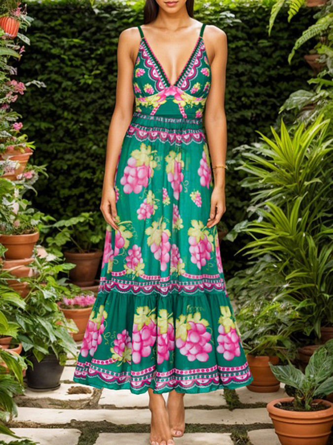 Ruffled Deep V Retro Green Grapes Print One Piece Swimsuit and Skirt