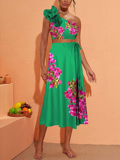 Pink Bougainvillea Flower Printed Bikini Swimsuit and Skirt