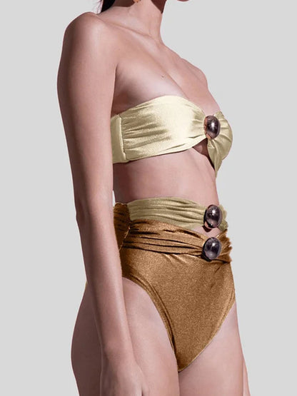 Sling Color Block Cutout High Waist Bikini Swimsuit and Skirt