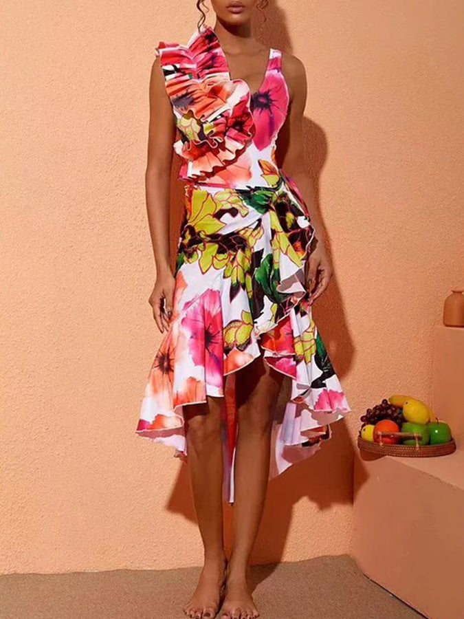 Ruffled Printed One Piece Swimsuit and Skirt