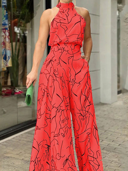 Printed Halter Wide-leg Pants Jumpsuits