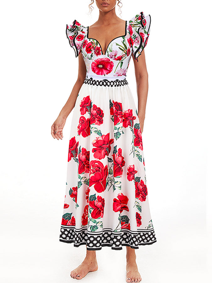 Rose Printed One Piece Swimsuit and Skirt