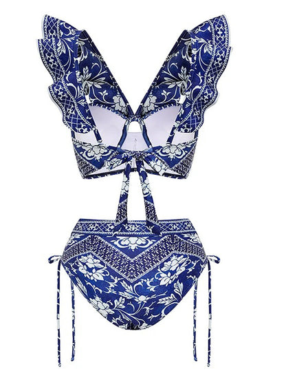 Asymmetrical Ruffle Printed One Piece Swimsuit and Skirt