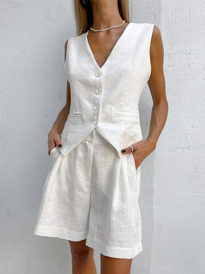 V Neck Sleeveless Single Breasted Top Side Pocket Shorts Set