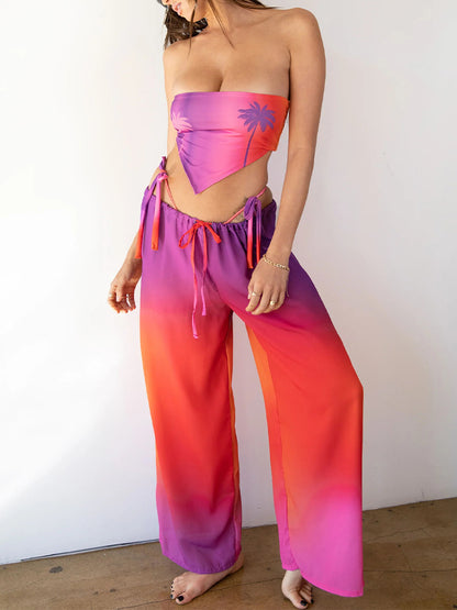 Grandient Palm Tree Printed Bikini and Pants Cover-up