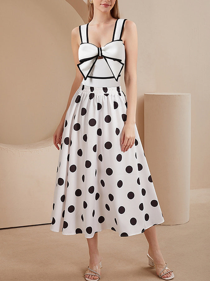 Black and White Bow Decor One Piece Swimsuit and Skirt
