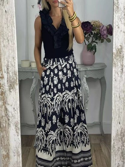Elastic Waist Printed Wide-leg Pants