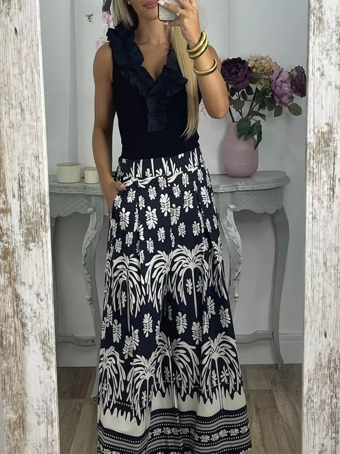 Elastic Waist Printed Wide-leg Pants