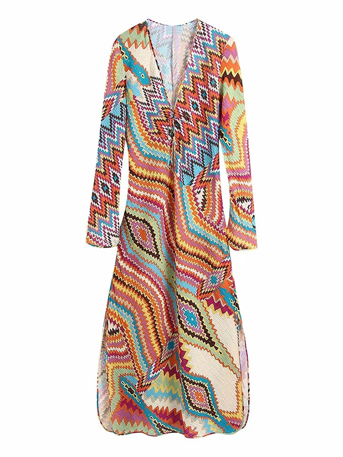 Long Sleeves V Neck Printed Lace-up Maxi Dress