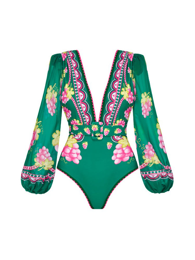 Ruffled Deep V Cutout Retro Green Grapes Print One Piece Swimsuit and Skirt