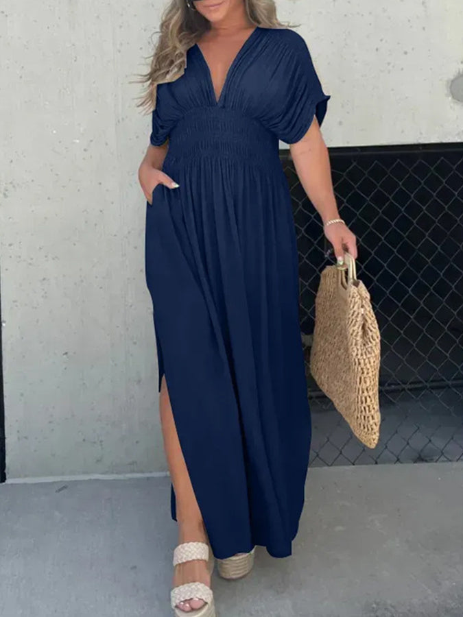 V Neck Batwing Sleeves Elastic Waist Maxi Dress