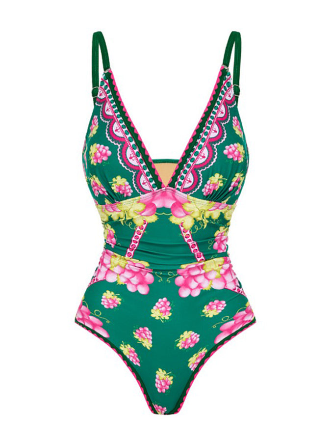 Ruffled Deep V Retro Green Grapes Print One Piece Swimsuit and Skirt