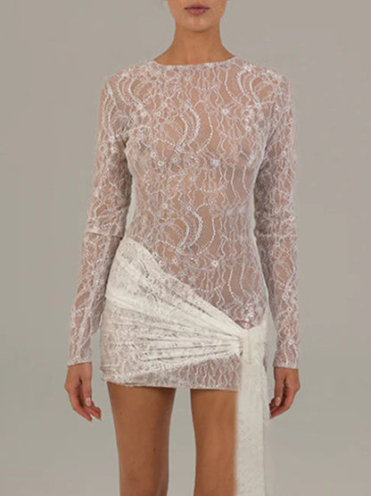 Lace Long Sleeves Lace-up Slim Mini Dress