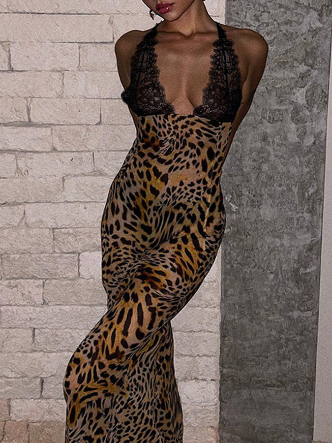 See-through Backless Deep V Lace Splicing Printed Suspender Long Dress