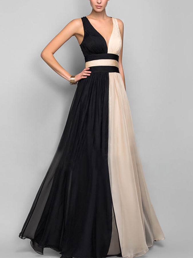 Slim and Contrast Color Sleeveless Long Dress