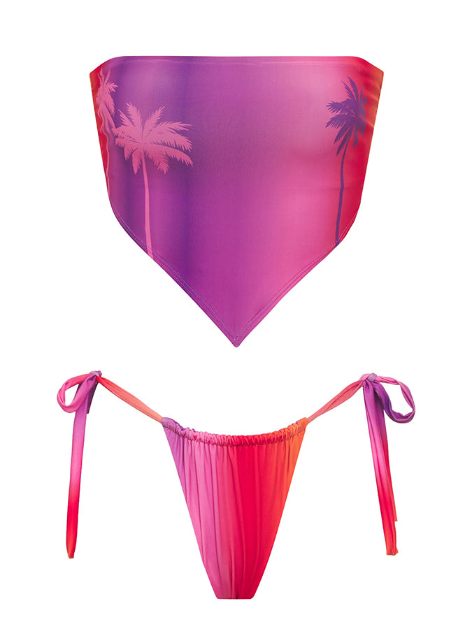Grandient Palm Tree Printed Bikini and Pants Cover-up