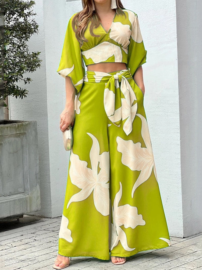 Printed V Neck Shirt and Wide-leg Pants Sets