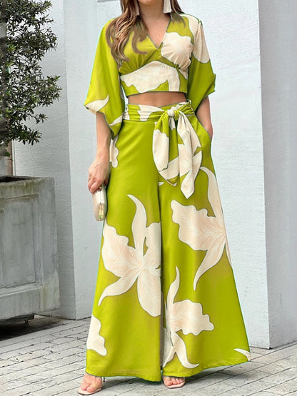 Printed V Neck Shirt and Wide-leg Pants Sets