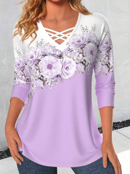 Long Sleeves Printed V Neck T-shirt
