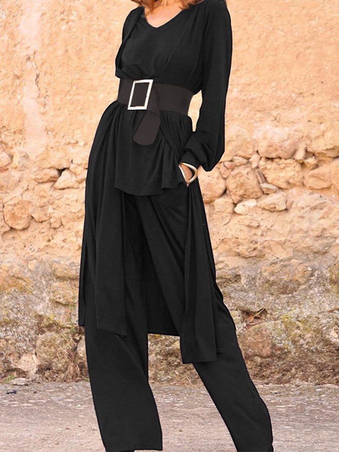 V Neck Top & Cardigan & Pants 3 Pieces Sets With Belt