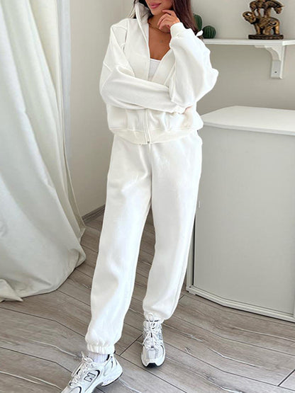 Plush Standing Collar Long Sleeved Sweatshirt and Pants Suit