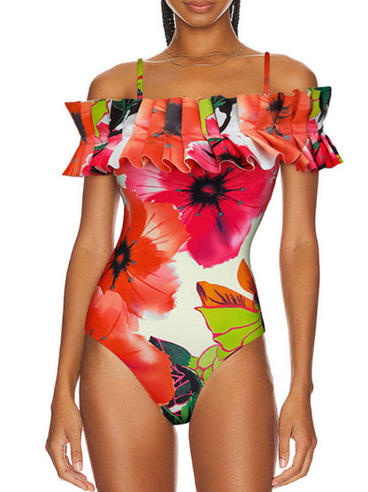 Ruffled Printed One Piece Swimsuit and Skirt