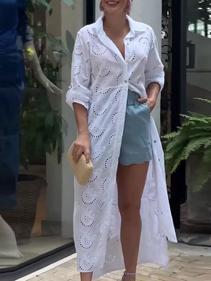 White Long Sleeves Hollow Out Shirt Maxi Dress