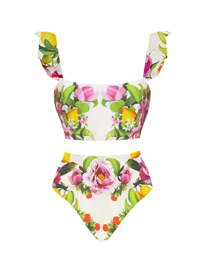 Flower Print Bikini Suit With High Waist Skirt