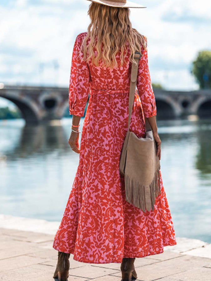 Red Printed Long Sleeves Maxi Dress